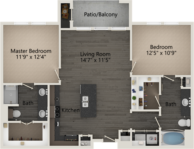A Lakeside unit with 2 Bedrooms and 2 Bathrooms with area of 1050 sq. ft