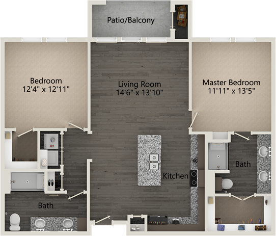 A Old Settlers unit with 2 Bedrooms and 2 Bathrooms with area of 1164 sq. ft