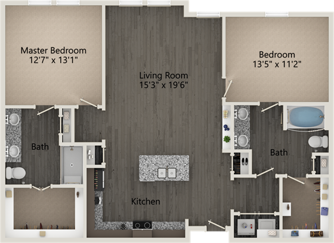A Forest Vista unit with 2 Bedrooms and 2 Bathrooms with area of 1310-1404 sq. ft