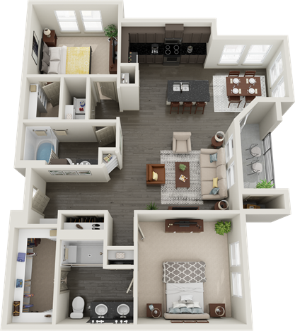 a 3d rendering of a two bedroom apartment at The RiverWalk Flats